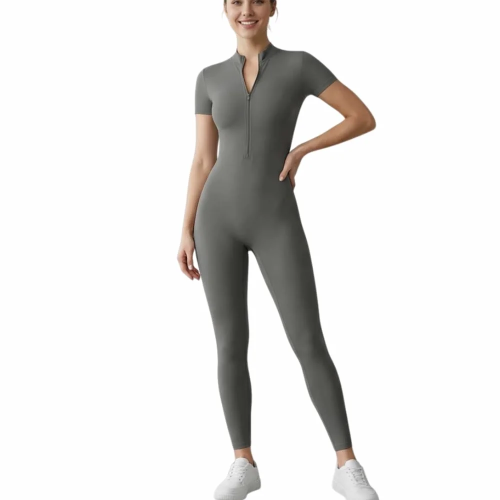 Traje de Yoga de Manga Corta para Mujer, Mono, Body Deportivo para Fitness al Aire Libre, Ropa de Entrenamiento-Gris-SG