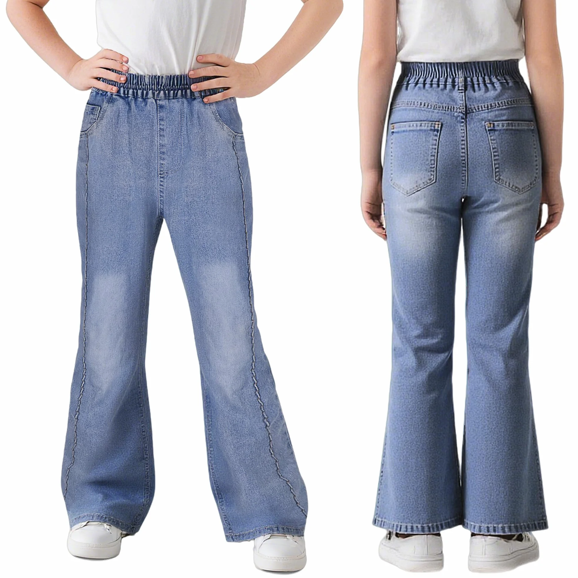 Vaqueros para Niñas, Baggy Cintura Elástica Denim Jeans Pierna Ancha Pantalones Azul Largo Jean con Bolsillos Casuales Moda Streetwear Junior Ropa Infantil Pants para 6-15 años