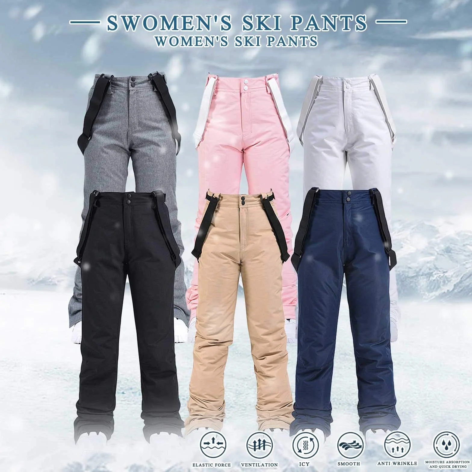 Pantalones de esquí impermeables mujer tirantes ajustables resistentes al viento nieve snowboard