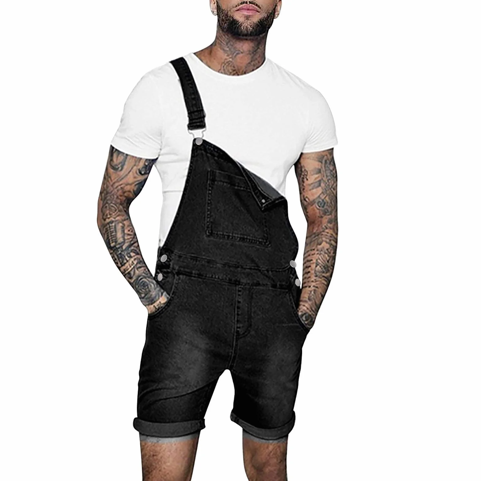 Pantalones Cortos de Vaquero para Hombre Monos Peto Mezclilla Slim Fit Casual Trabajo Jumpsuit Verano Jeans