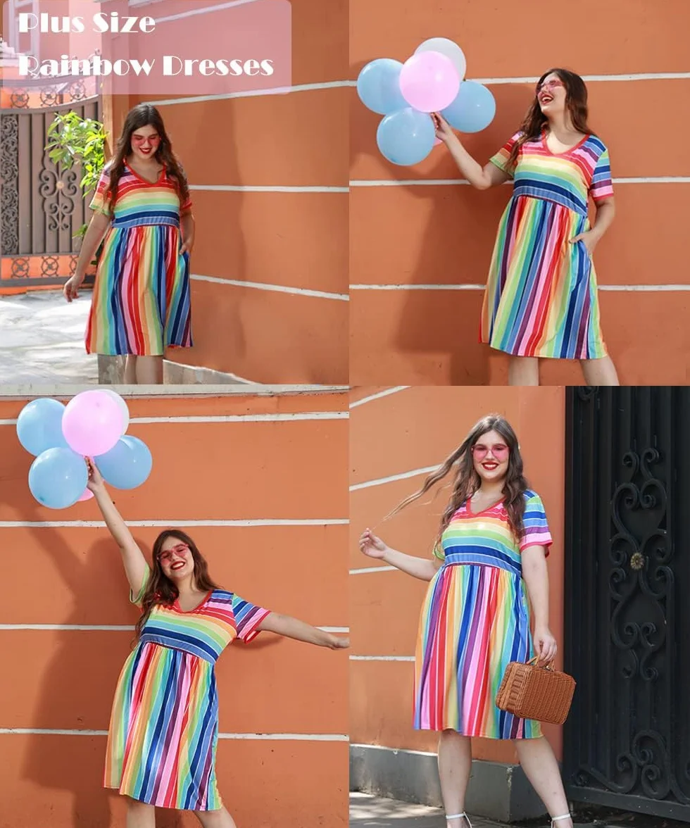 RITERA Vestidos de talla grande para mujer con curvas, vestido de verano de manga corta, cuello en V, cintura alta, vestido casual de retazos, XL-5XL
