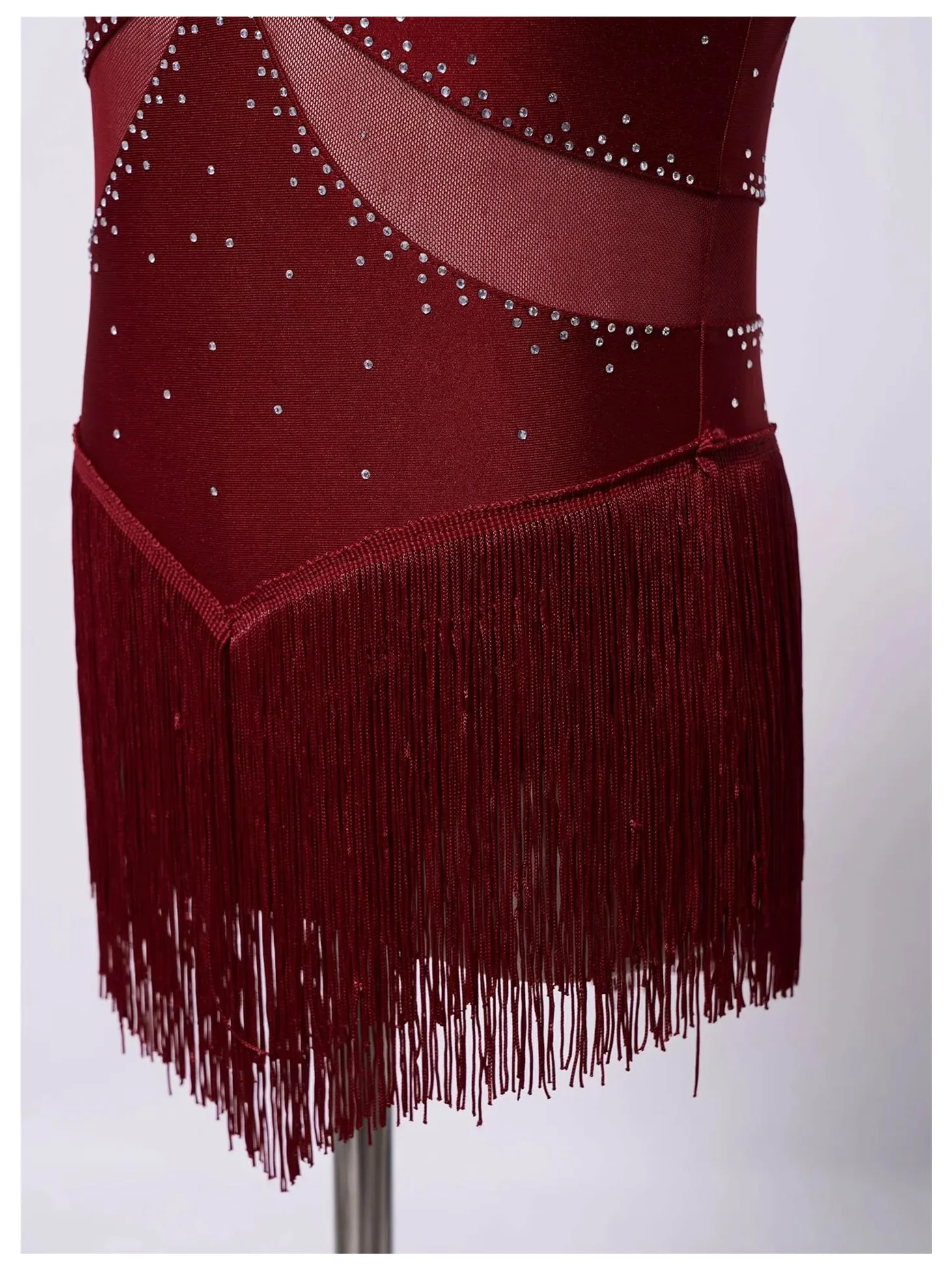 Maillot Patinaje artistico Leotardo con Flecos y Diamantes de imitación for niñas, Vestido de Patinaje artístico, Mono con borlas for Gimnasia, Cha-Cha, Tango, Baile Latino(Burgundy,16)