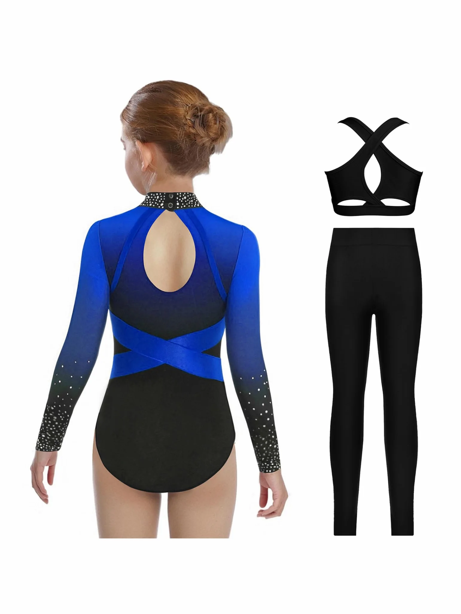Piezas De Traje De Gimnasia Con Destellos Para Niñas Leotardos De Gimnasia De Manga Larga Tops De Deporte Brasier Y Pantalones Traje De Baile Para Azul 13-14 años