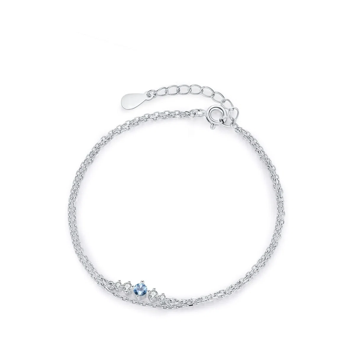 Pulsera Mujer Oro Blanco 9Kilates / 14Kilates / 18Kilates, Cadena Doble Capa con Zafiro Creado de 0,25 ct, Cadena Extensible 16 CM + 5 CM, Pulseras de Mujer de Plata Azul