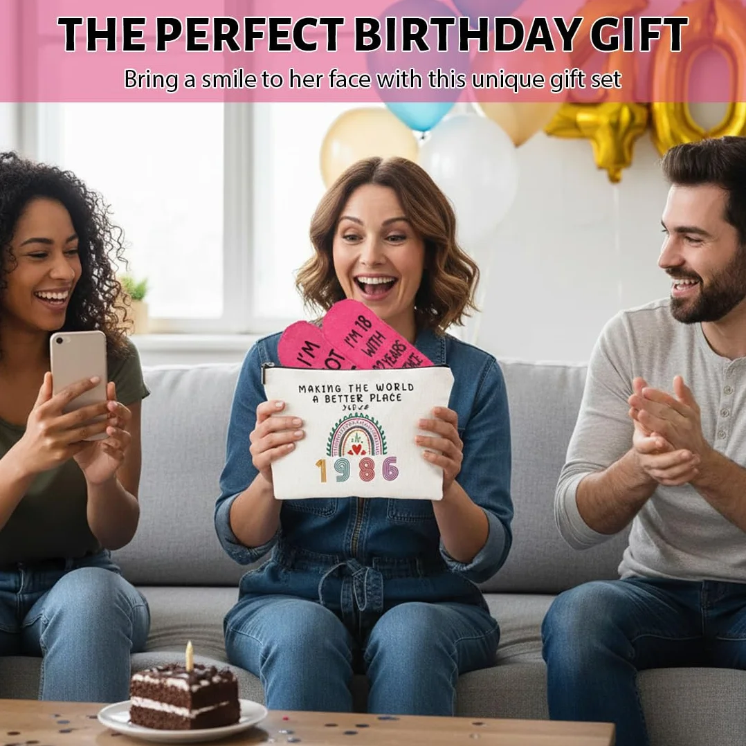 2 Pcs Regalo de Cumpleaños Ideal para Mujeres, Neceser 40 Cumpleaños, Cumpleaños para Esposa, Incluye Bolsa de Maquillaje y Calcetines de Cumpleaños para Mujeres (1986-40 años)