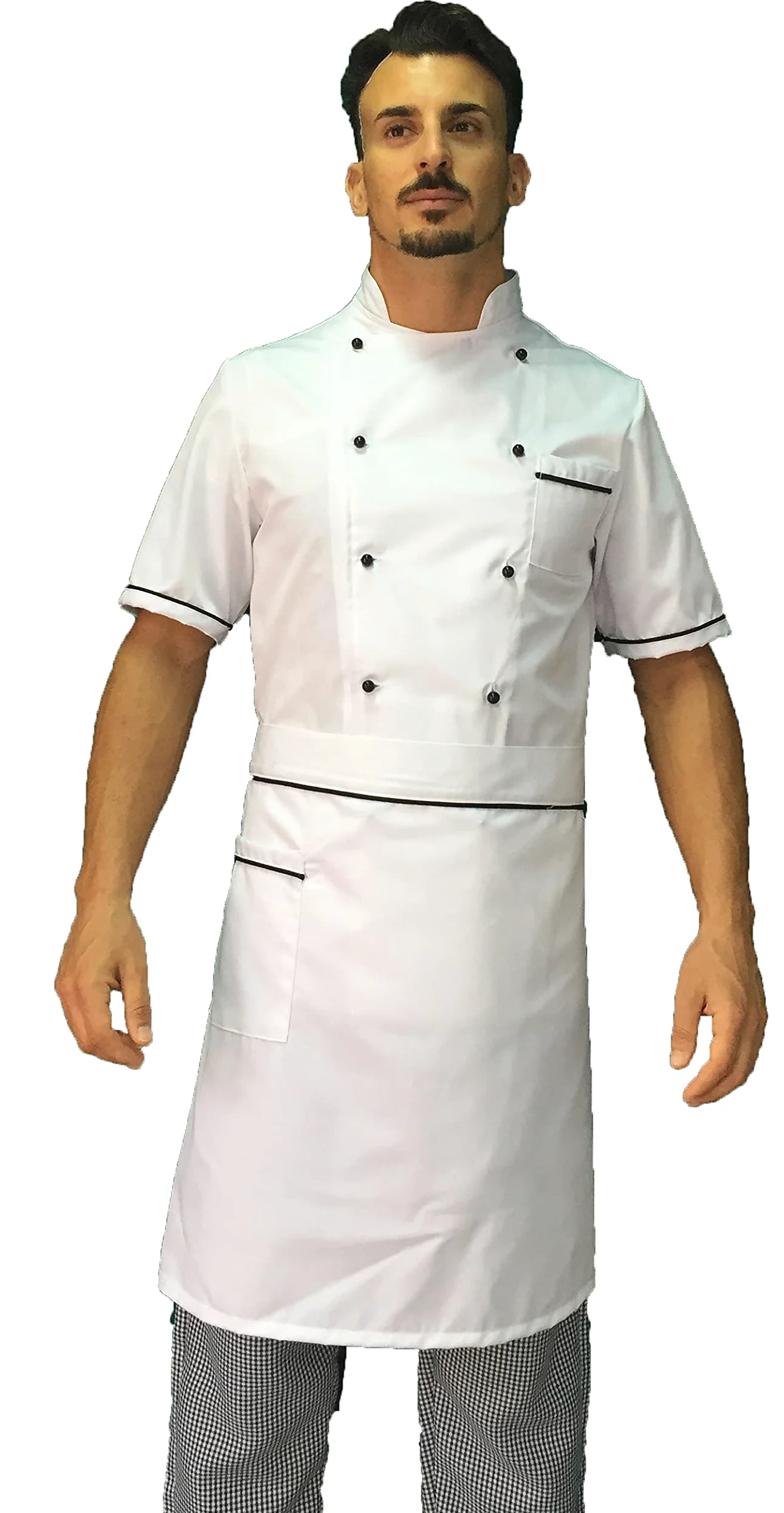 Bordado gratuito – Conjunto de cocinero para hombre – Blanco Negro y Pied de Poule – Camiseta de chef de manga corta – Chaqueta, pantalones y delantal – Uniforme para cocina y