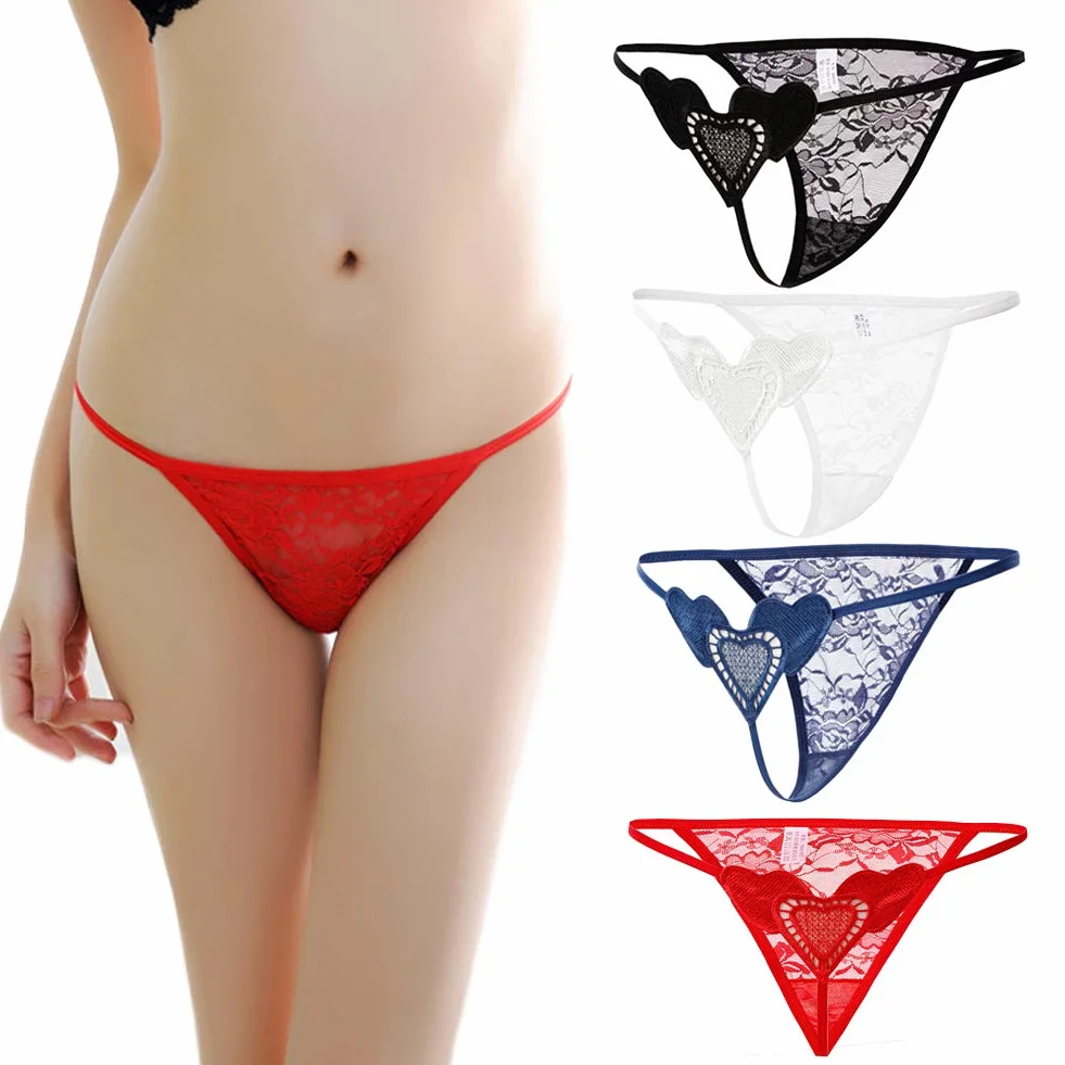 VicSec 4 Pack Braguitas Sexy Encaje Fina Tanga G-String Lencería Interior Espalda Decora Corazon Talla Única (Negro Blanco Rojo Azul)