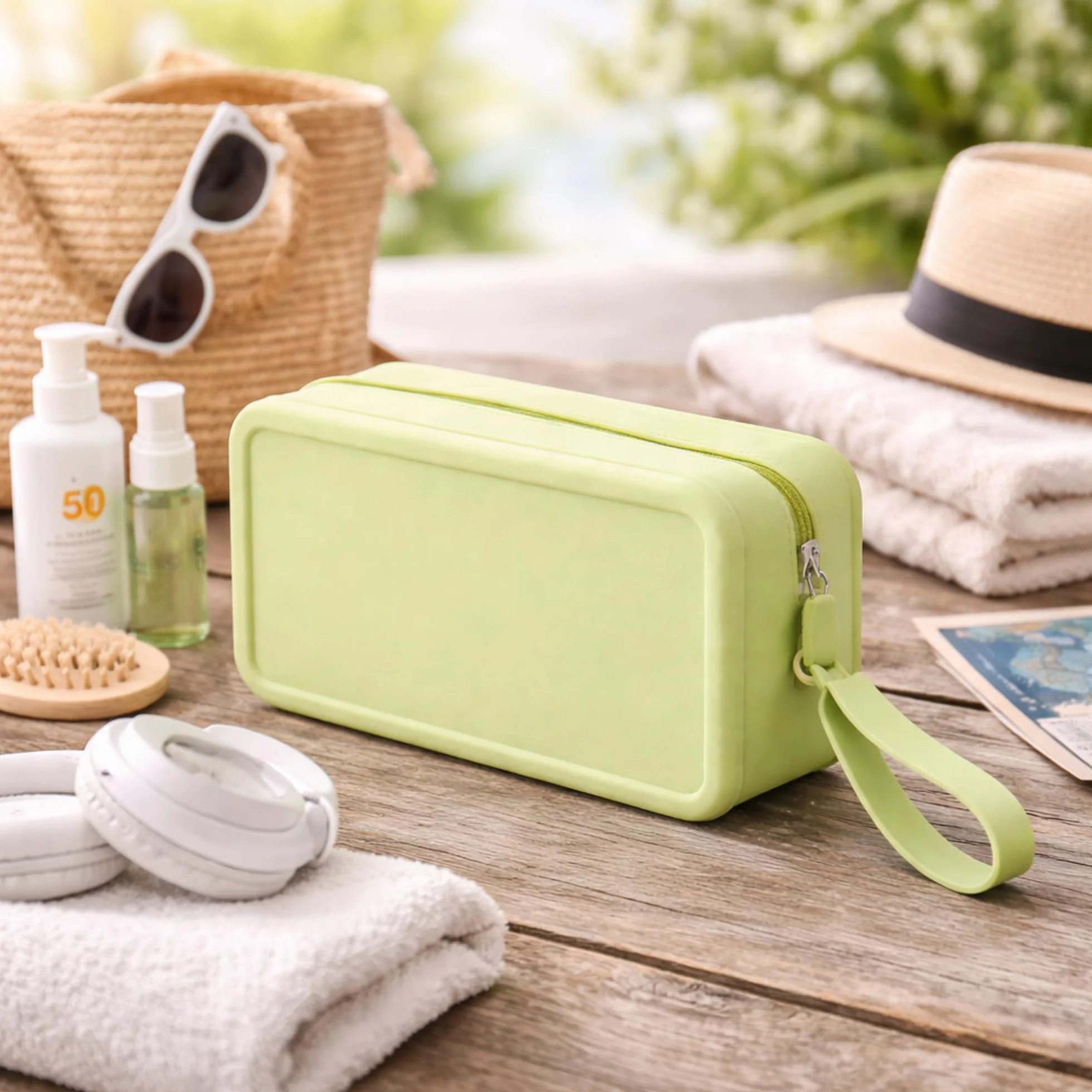 Neceser de Viaje, Gimnasio, Playa de Silicona Impermeable Antifugas – Bolsa para Líquidos de Cabina (Avión) – Flexible y Resistente para Cosméticos y Aseo 9.3x7x18.3cm (Verde)