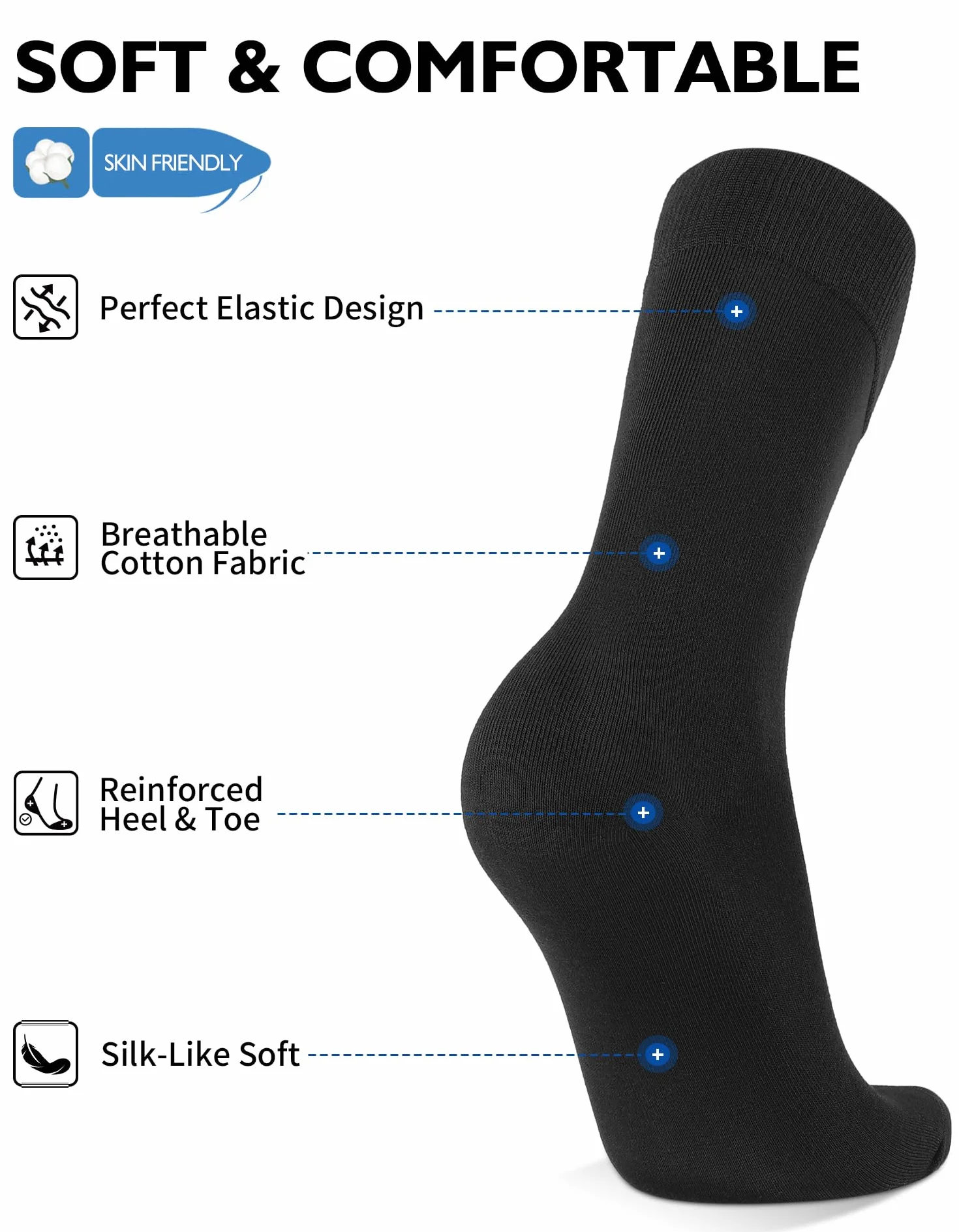 CLOSEMATE 6 Pares Calcetines Ejecutivos Hombre Altos Finos Transpirables Largos Sin Costuras de Trabajo Elásticos Traje Vestir Algodon Negros