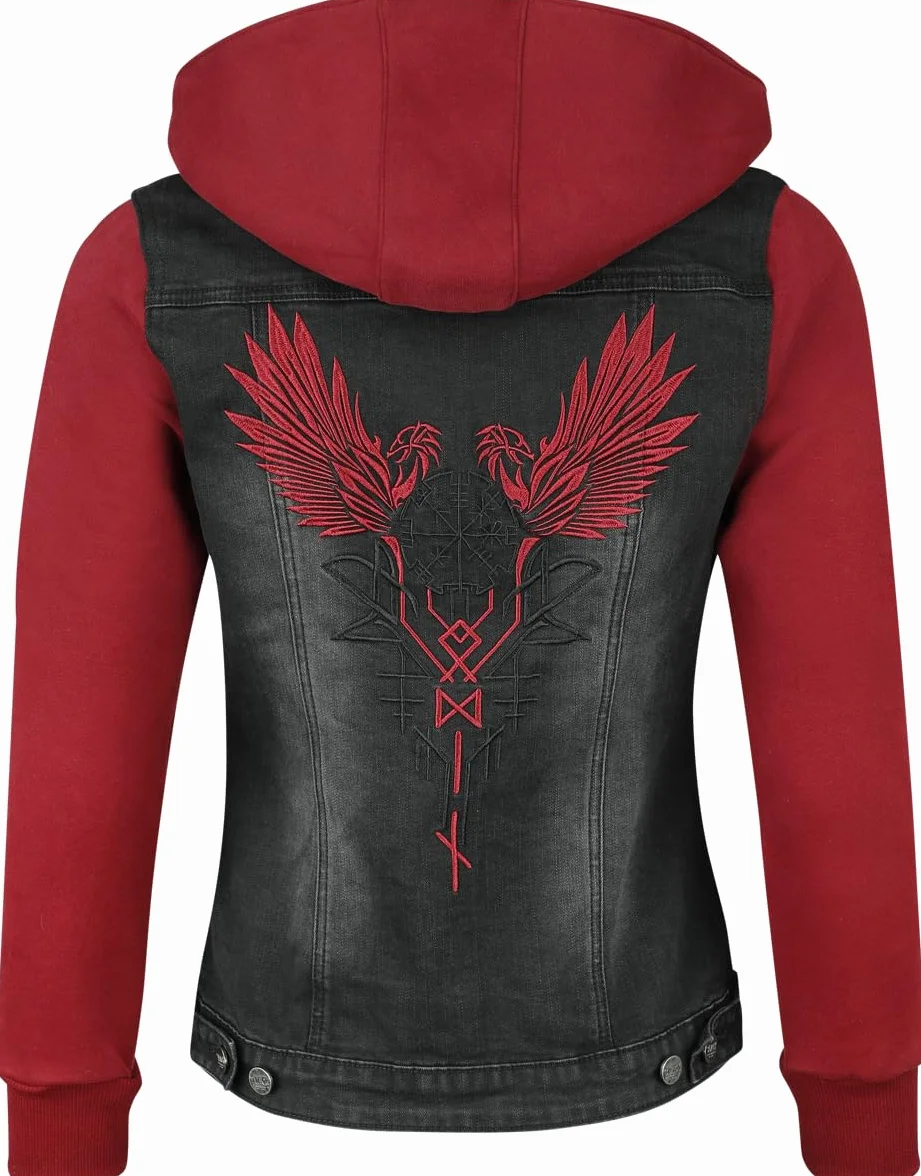 Chaqueta vaquera negra y roja con capucha desmontable Black Premium by EMP Mujer