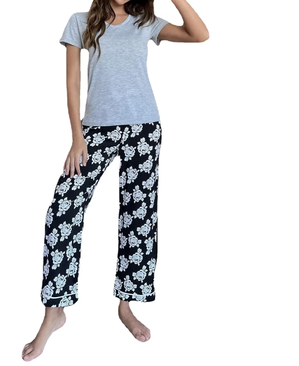 Pijama De Mujer Manga Corta,Tops Grises Y Pantalones Con Estampado Floral Pijama De Manga Corta Para Mujer Conjunto De 2 Piezas Pijama Suave Y Cómodo Para Mujer Ropa De Descanso Regalo Del Día De