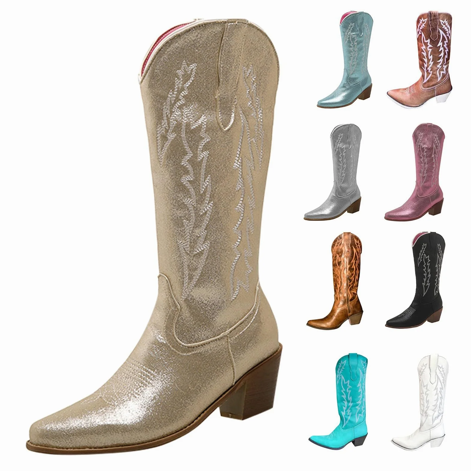 MJGkhiy Botas de Mujer Texanas Altas Western Botines Con Tacón de Bloqueo Ante Bota De Punta De Invierno Cuero Boots Marrones Cowboy Botas Camperos Botín Cómodos
