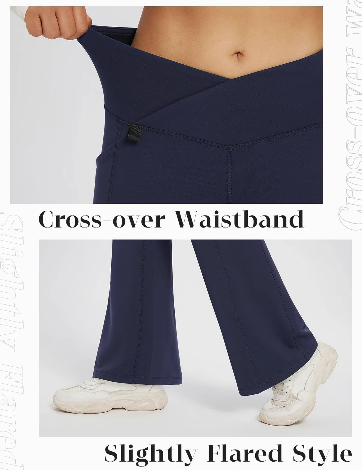 BALEAF Pantalones de invierno con forro polar para mujer, térmicos, cálidos, acampanados, pantalones de yoga cruzados, parte inferior acampanada con bolsillos | Cintura cruzada en V, 2 bolsillos laterales, forro polar suave, no transparente, adecuado para