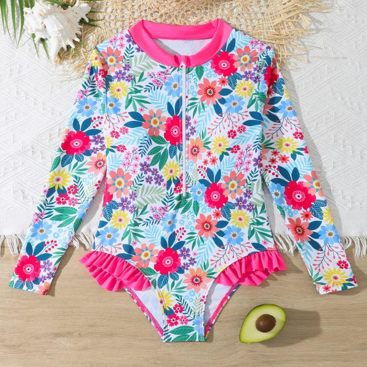 Generisch Bañador tankini de manga larga, informal, con estampado floral, para niñas