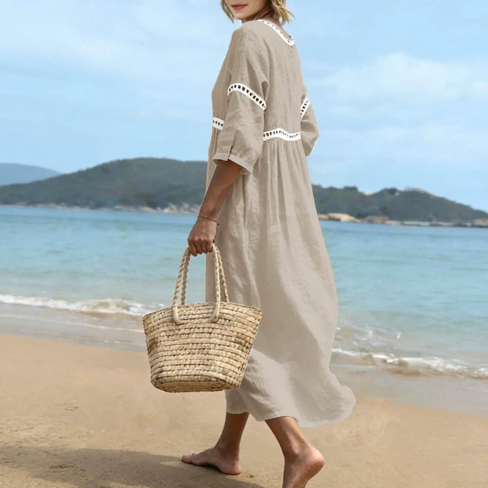 Vestido de Lino Manga Corta Midi para Mujer Algodón Casual Ligero Playa Vacaciones