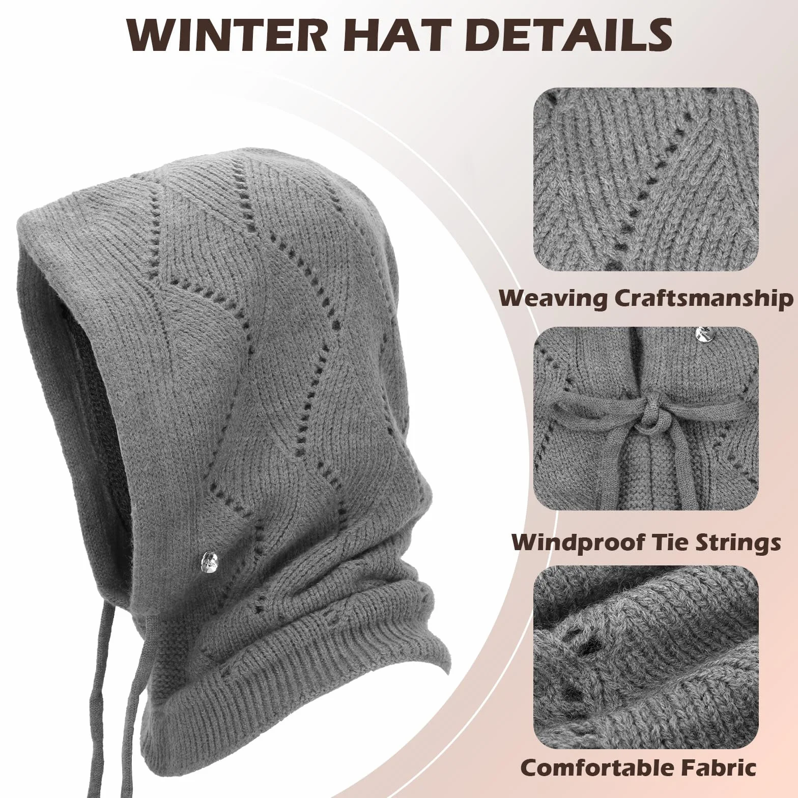 Mujer Invierno Gorro de Punto y Bufanda con Capucha, 2 en 1 Térmicos Prueba de Viento Ajustable Pasamontañas, Moda Ocio Pullover Calentador de Cuello para Deportes al Aire Libre Diario Correr