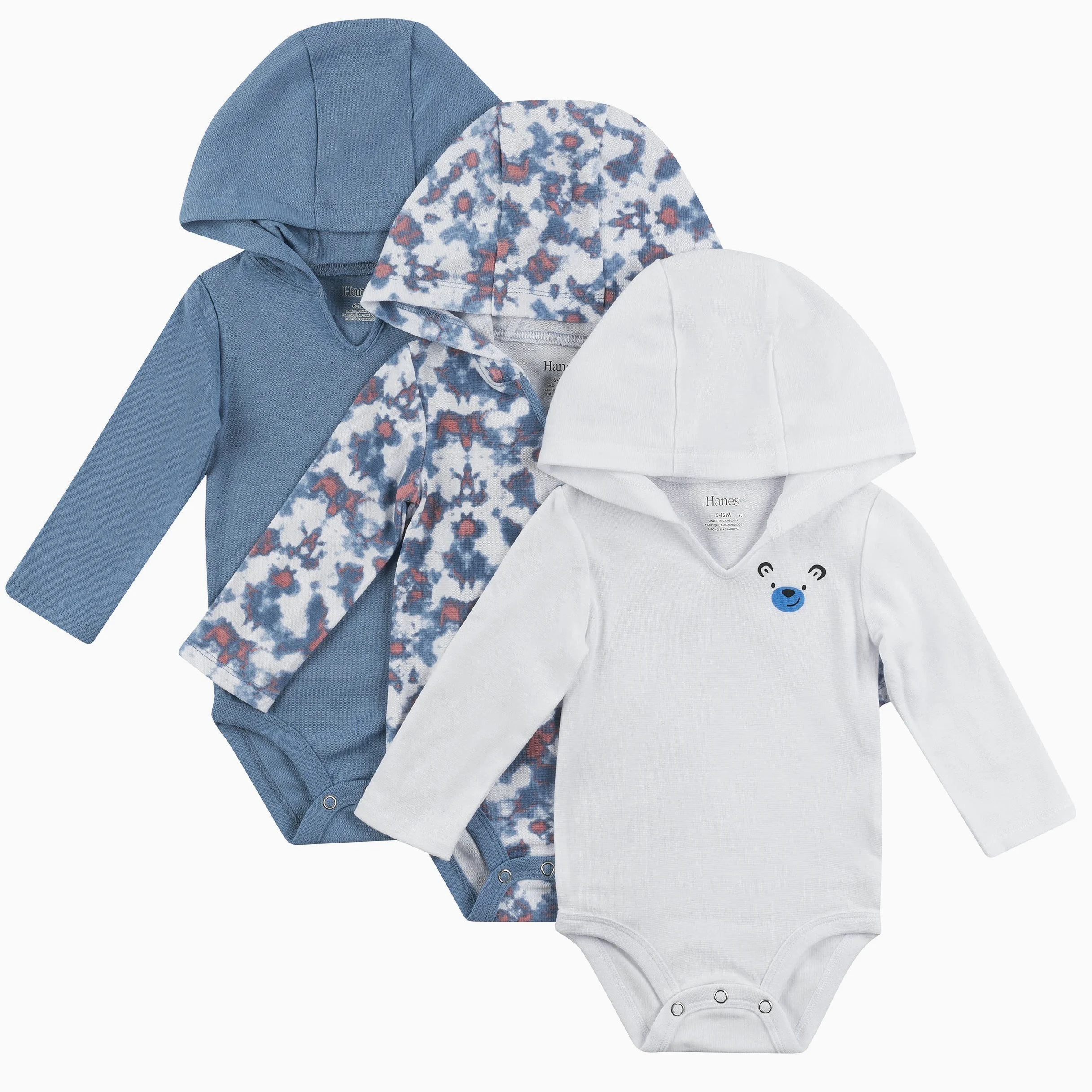Hanes Body de manga larga para bebé, sudadera con capucha para niños y niñas, paquete de 3, Azul polvoriento, 18-24 Months