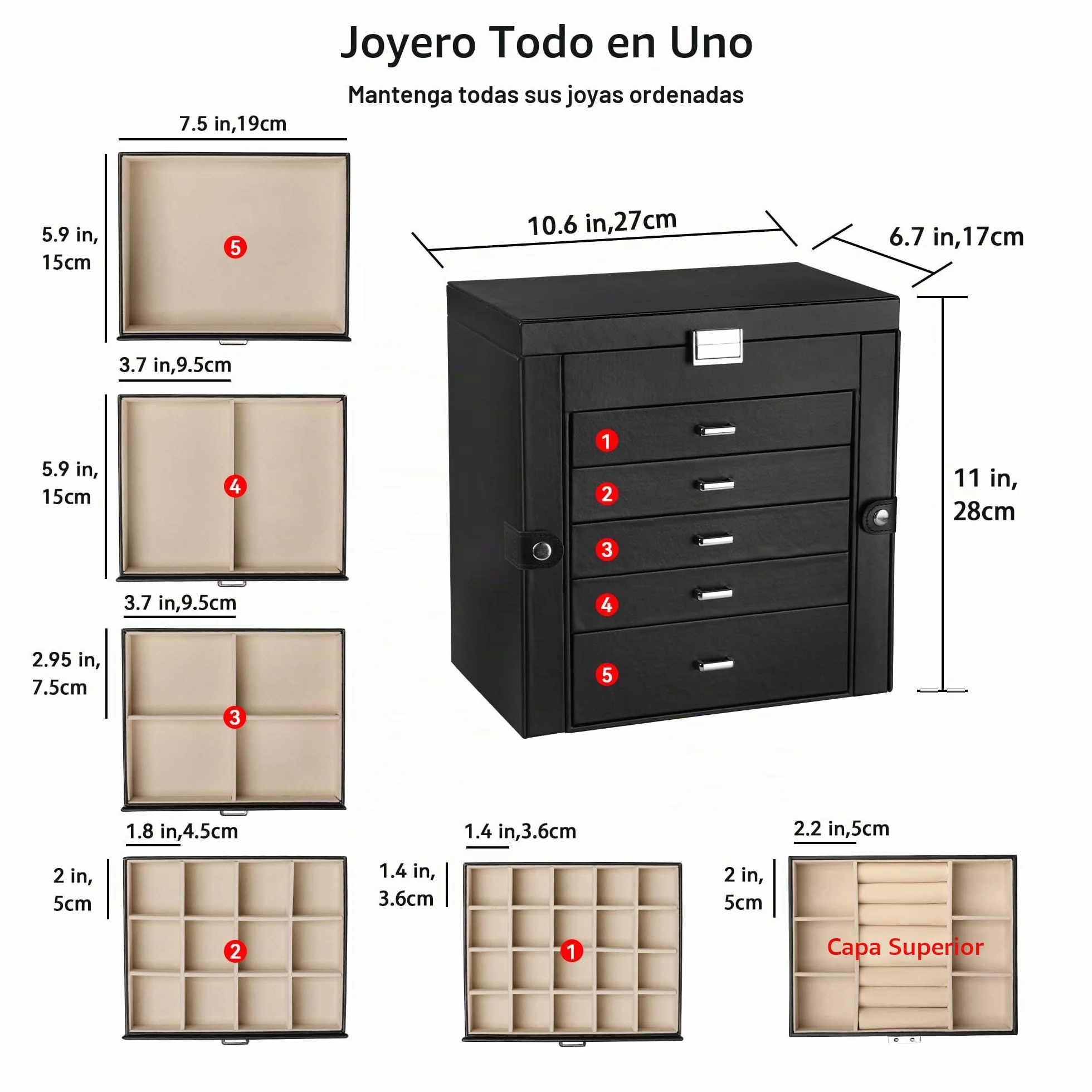 Frebeauty Caja de joyería grande 6 niveles cuero sintético con cerradura espejo organizador joyas Negro
