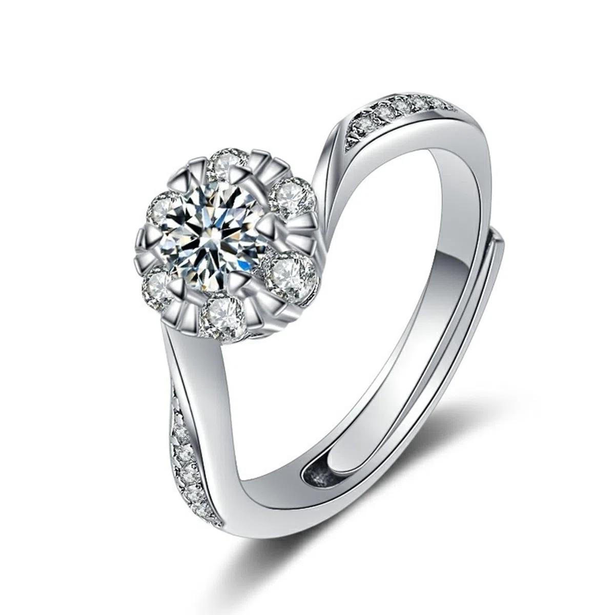 Anillo de compromiso de oro blanco de 9 quilates, diamante de laboratorio blanco para mujer, flor de boda