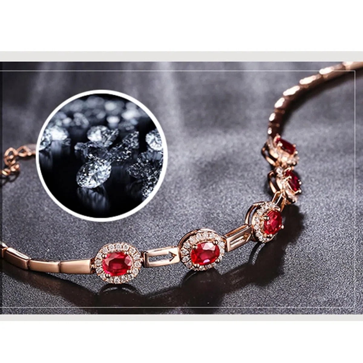 Pulsera para Mujer de Oro Rosa 9 Kilates / 14 Kilates / 18 Kilates, Oval con Rubí y Diamante, Cadena Extensible 16 CM + 5 CM, Pulseras de Oro Rosa de Mujer