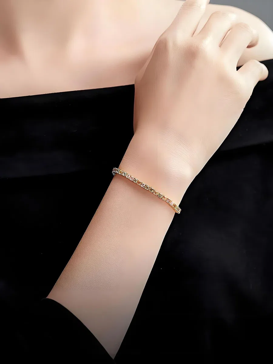 Pulseras de Mujer de Oro Amarillo 9K / 14K / 18K, Redondo con Turmalina Multicolor de 3,3 ct, Cadena Extensible 16 CM + 5 CM, Pulseras de Mujer de Oro Colorido