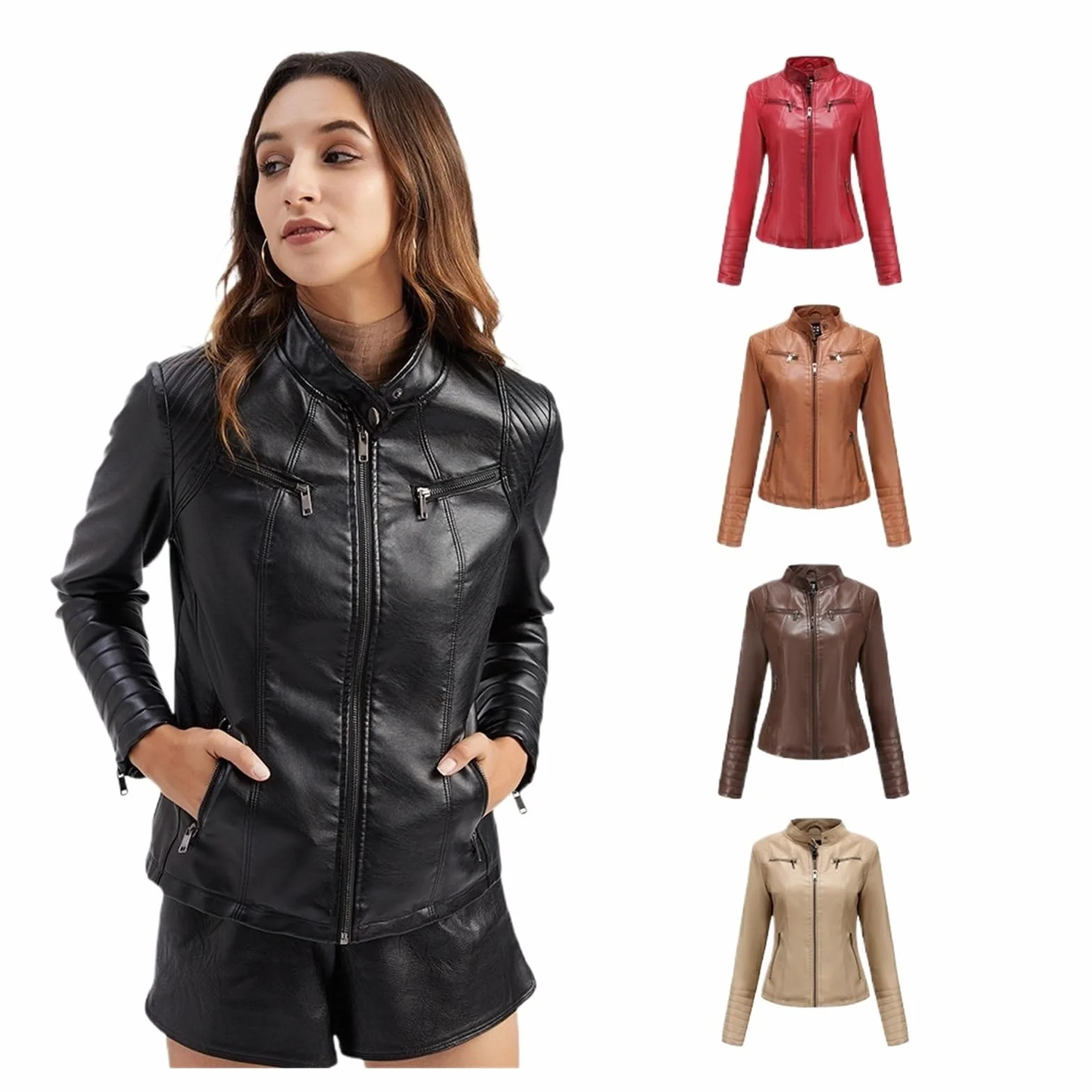 Chaqueta Cuero Mujer Women's Slim Leather Jacket Stand Up Collar Zipper Stitching Monochromatic Coat Para salir