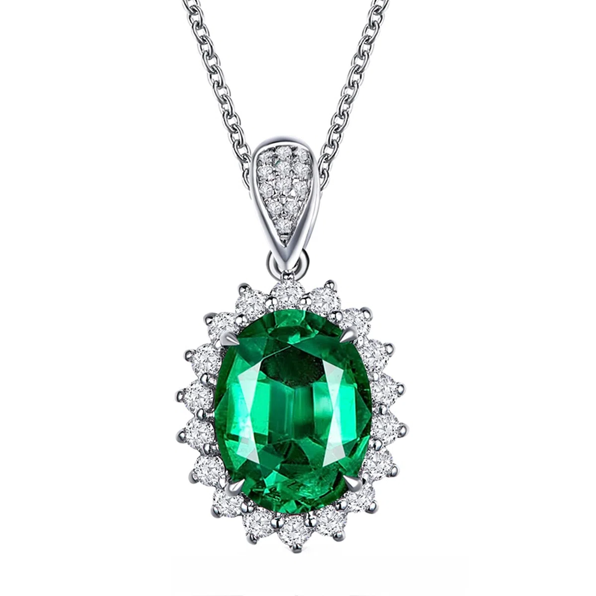 Delicado Collar para Mujer, Flor con Esmeralda Ovalada creada en Laboratorio de 1 quilate/2 Quilates de Oro de 18 Quilates/Plata de Ley 925, Collares con Colgante para niñas, Regalo para el día de la