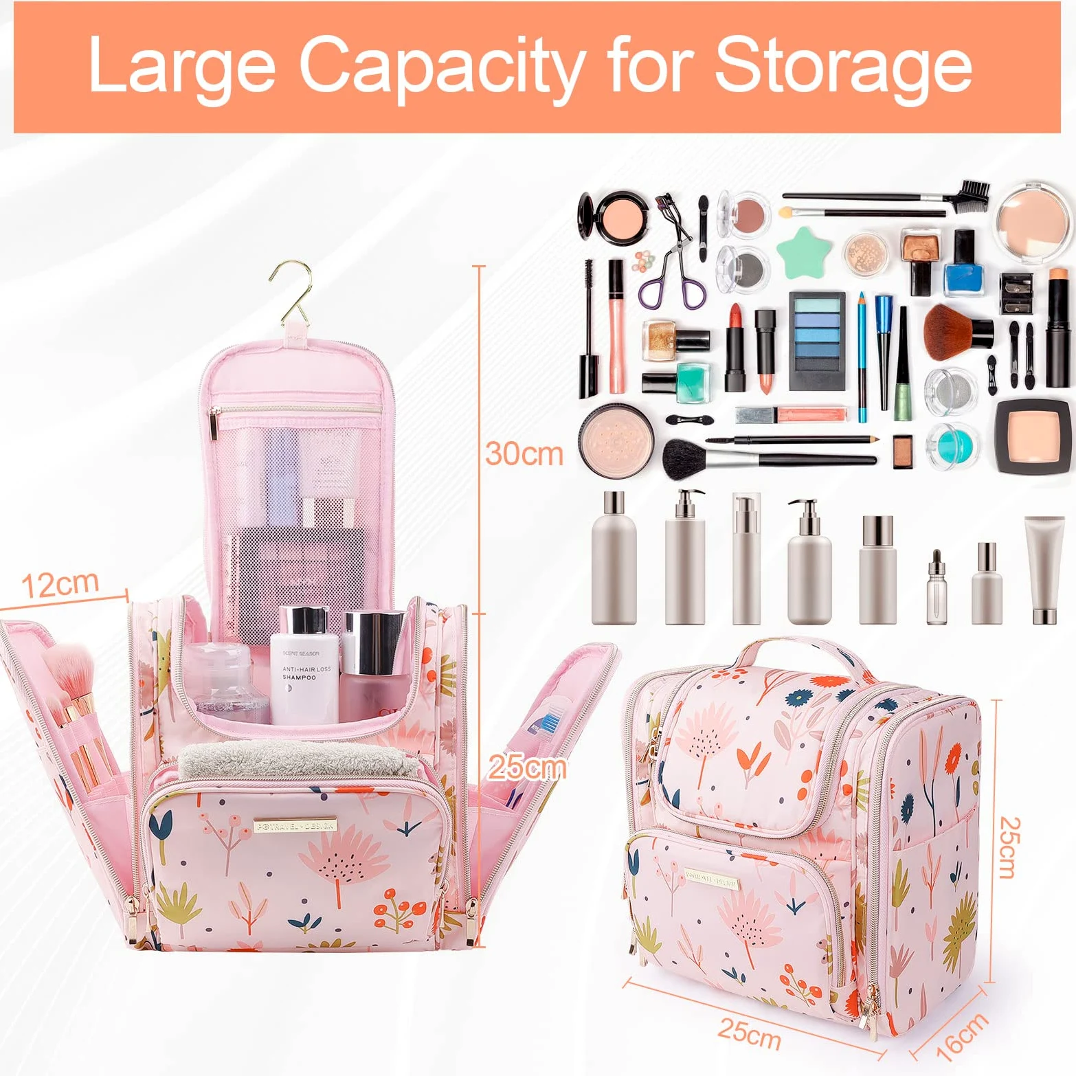 Bolsas de Aseo para Mujeres y Niñas, Lychii Neceser de Viaje con Colgar Gancho, Impermeable Organizador de Cosméticos - Floral
