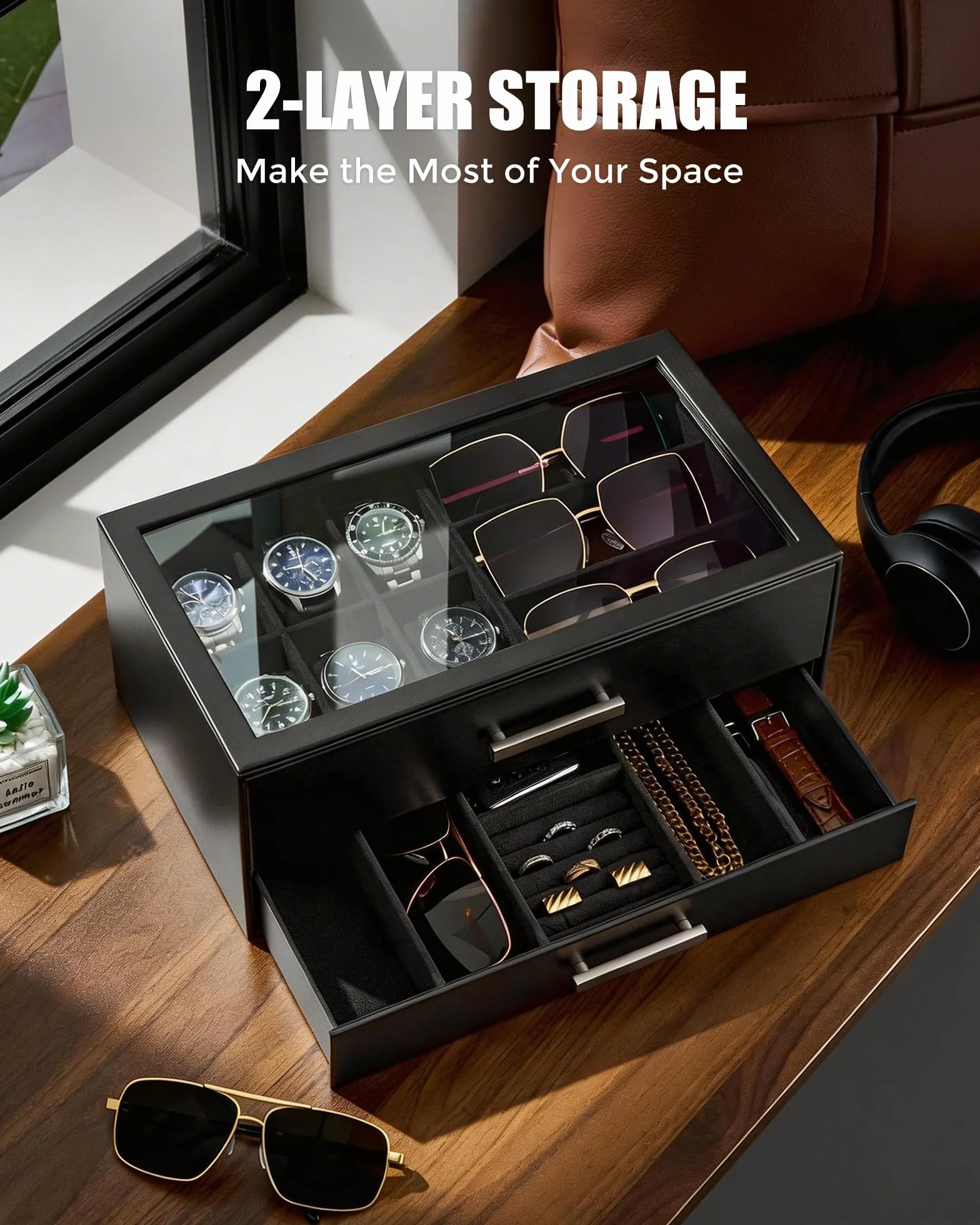 ProCase Caja para Relojes, Estuche para Relojes, Organizador de Joyas para Hombre, Almacenamiento de Joyas con Tapa de Cristal Transparente, 2 Niveles, Almacenamiento para Relojes, Gafas -Negro