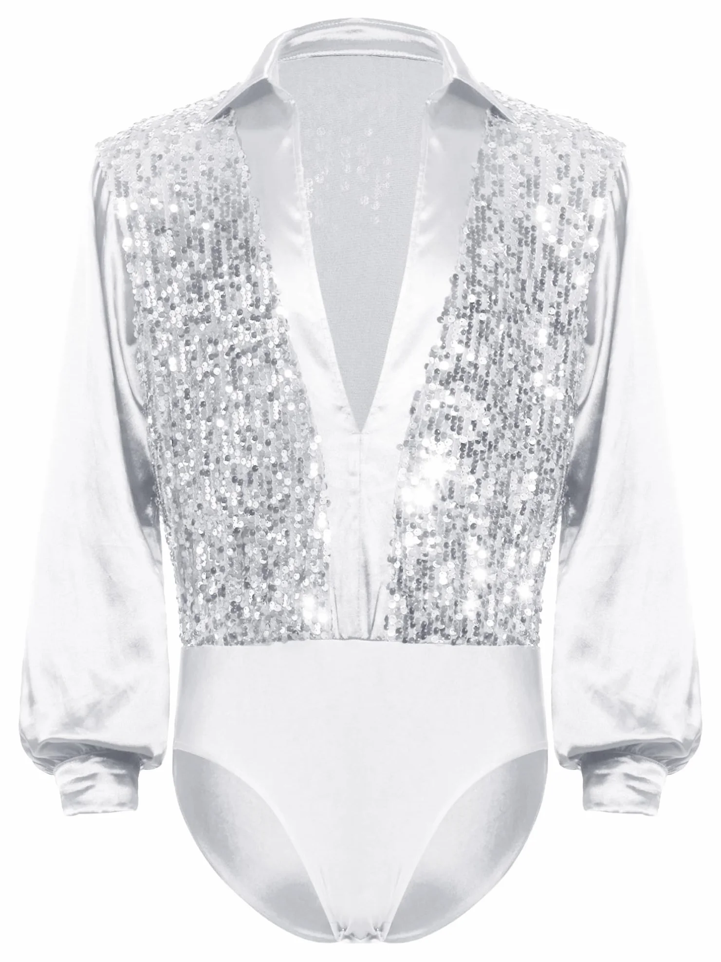 Maillot de Baile Latino Rumba Samba Manga Larga Saten Lentejuelas Cuello en V para Hombre