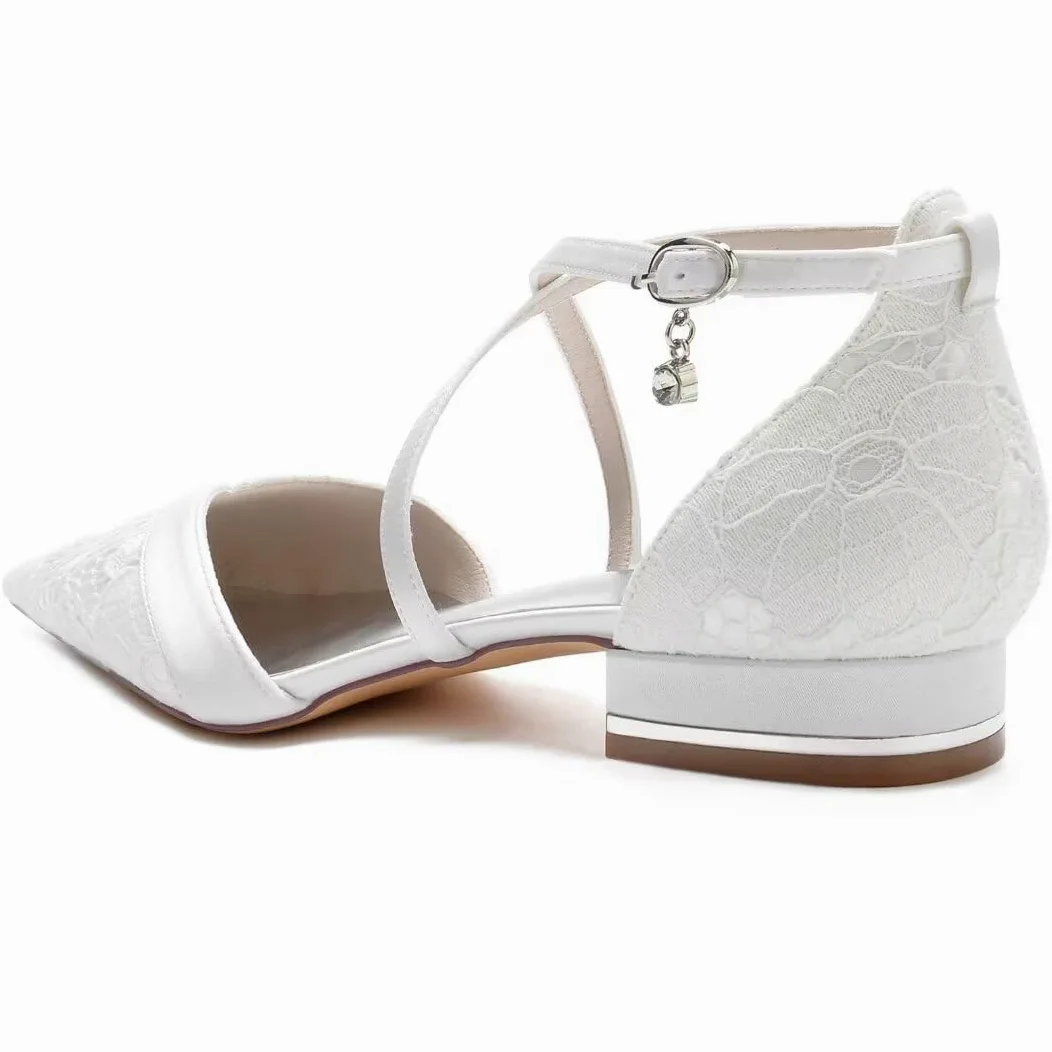 JOEupin Zapatos planos puntiagudos de boda para novia, tacones bajos, correa cruzada en el tobillo, zapatos planos de novia, zapatos de vestir de fiesta de noche, zapatos de tacón