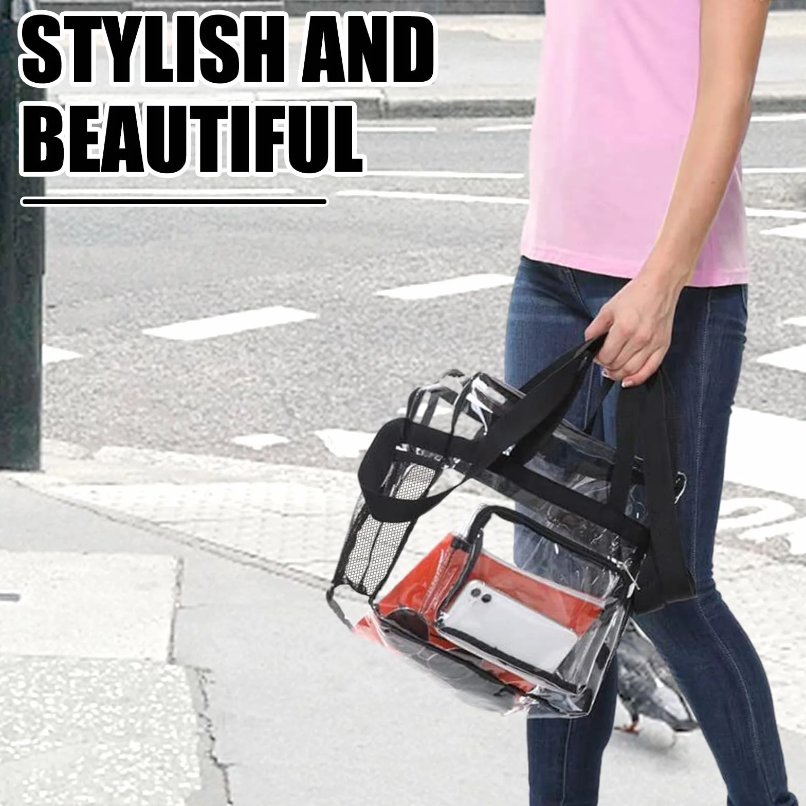 Bolso Transparente Mujer, PVC Bolso Bolsa Viaje Accesorios | Impermeable Bolsas Transparentes para Estadios con Bolsillos para El Trabajo, Juegos Deportivos y Conciertos