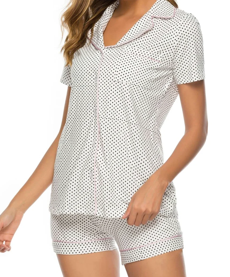 Pijama De Mujer Manga Corta,Pijama De Manga Corta Para Mujer Con Solapas De Lunares Blancos, Conjunto De 2 Piezas, Pijama Suave Y Cómodo Para Mujer, Ropa De Salón, Regalo Del Día De La Madre Para