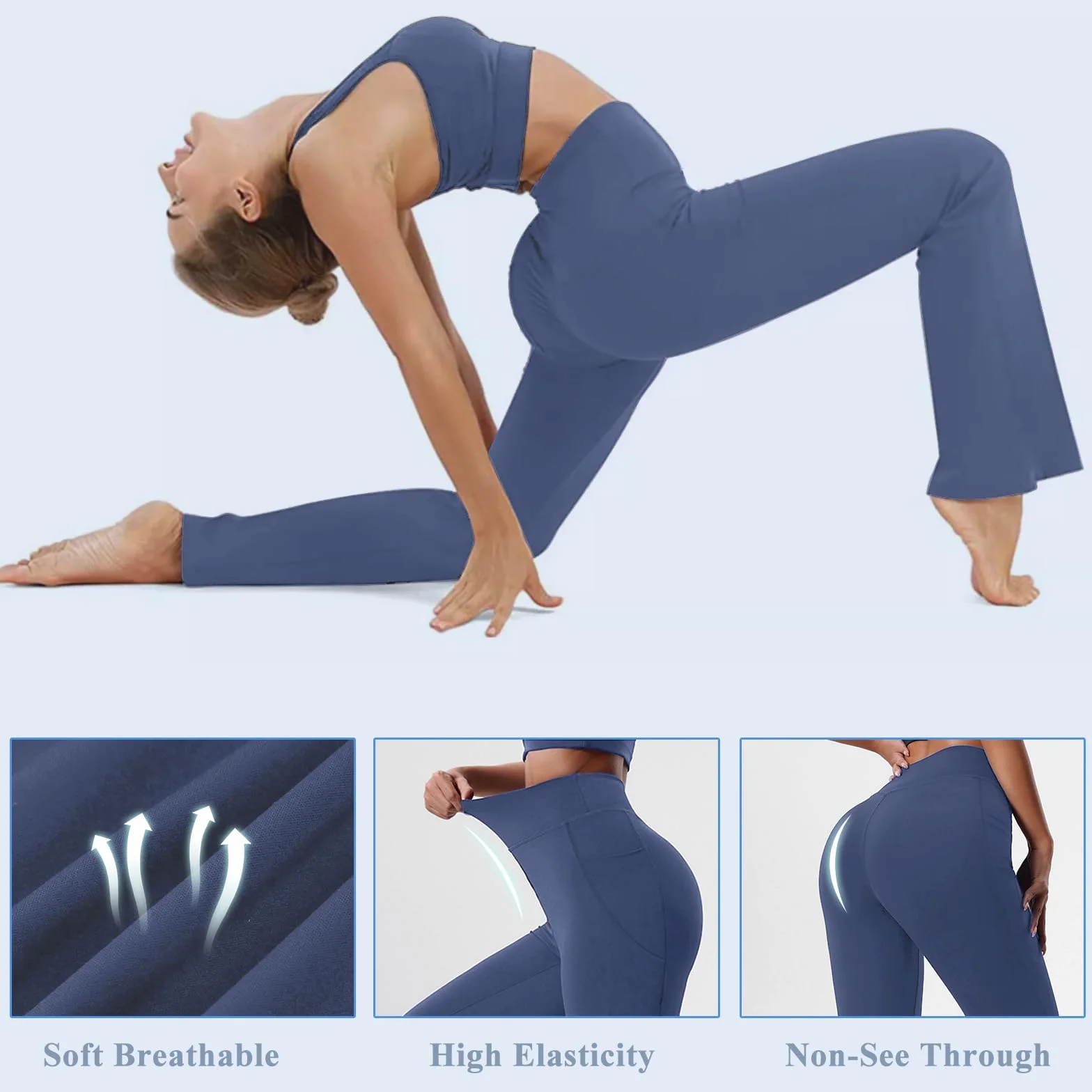 Pantalon Mujer Campana Elastico Pantalones Acampanados con Bolsillos Cintura Alta Flared Leggins Yoga Pants Mallas Deportivos Push Up Opacos Bootcut Pantalon de Jazz Fitness Casual