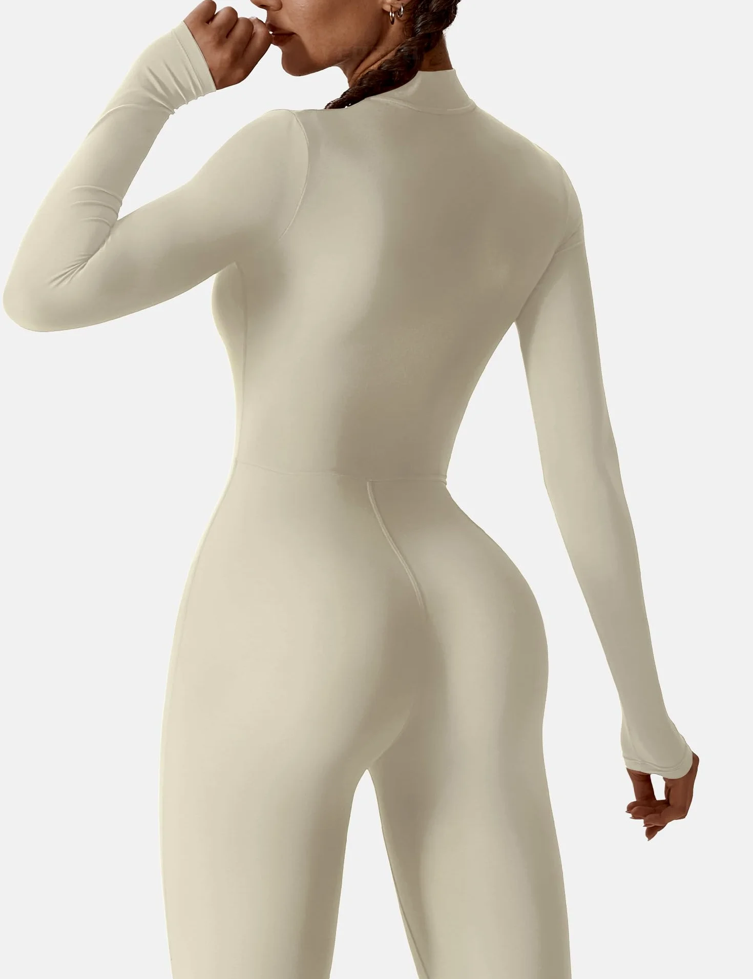 YEOREO Mono de entrenamiento de manga larga para mujer, con cremallera, parte inferior de pantalones, bodycon, sexy, de una pieza, Crema, Small