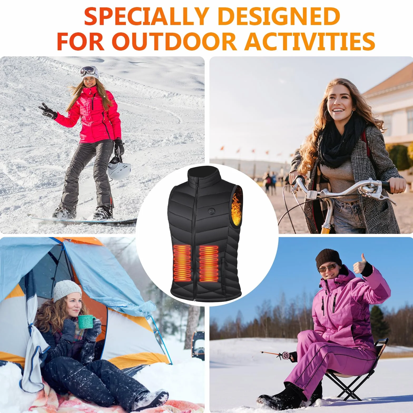 Chaqueta Calefactable Mujer con Bateria Recargable 7.4V 10000mAh, 4 Zonas de Calentamiento Impermeable