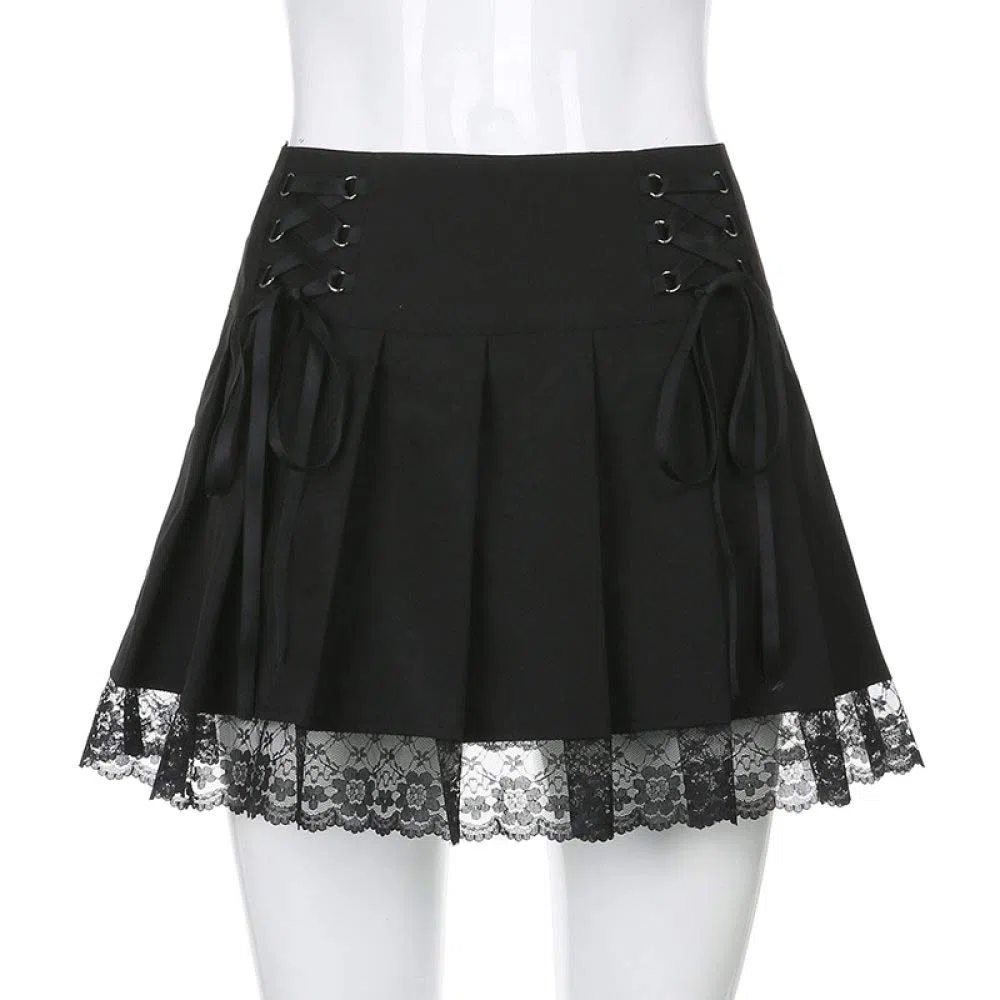 Falda Mujer,Falda Acampanada De Cintura Baja con Cordones Patchwork Encaje Plisado Verano Sexy Falda Corta Gótica con Cremallera para Chicas Frescas Señoras En La Playa Fiesta De Vacaciones