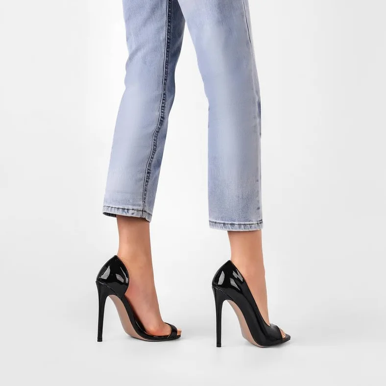 Zapatos de tacón clásico para mujer Stiletto Tacones altos redondos Zapatos abiertos de mujer laca