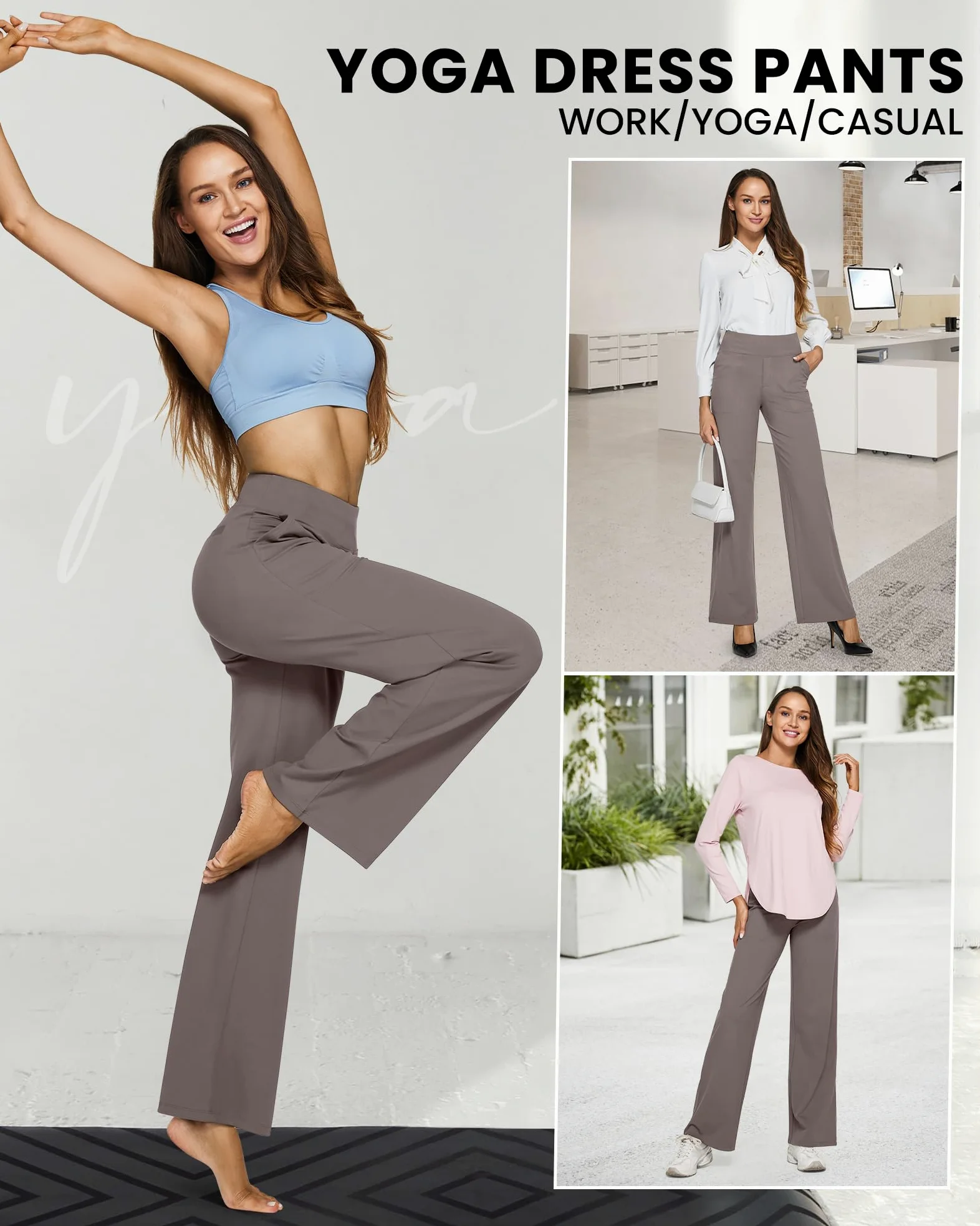 G4Free Pantalones de Yoga Mujer Pantalones de Pierna Ancha con Bolsillos Cintura Alta Vestido Elástico Casual Pantalones de Chándal Petite/Regular/Alto