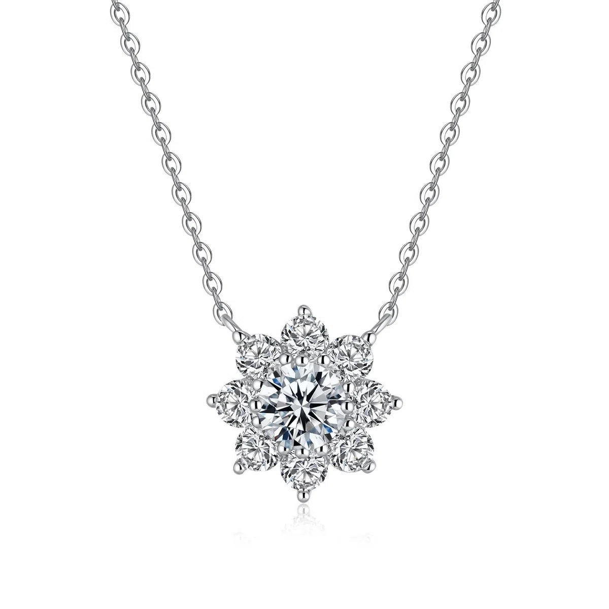 Collares de oro blanco para mujer con moissanita, collar de girasol de oro blanco/platino para mujer con halo de girasol