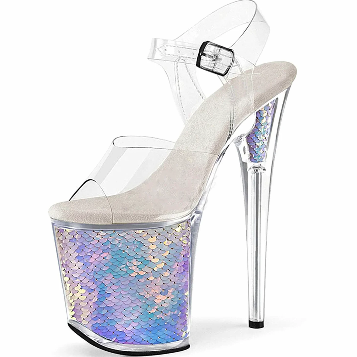 Lentejuelas Sexy Plataforma Tacones Altos Moda Correa de Tobillo Transparente Peep Toe Sandalias de tacón de Aguja de Cristal Pole Dance Stripper Stage Dress Pumps para Hombres y Mujeres