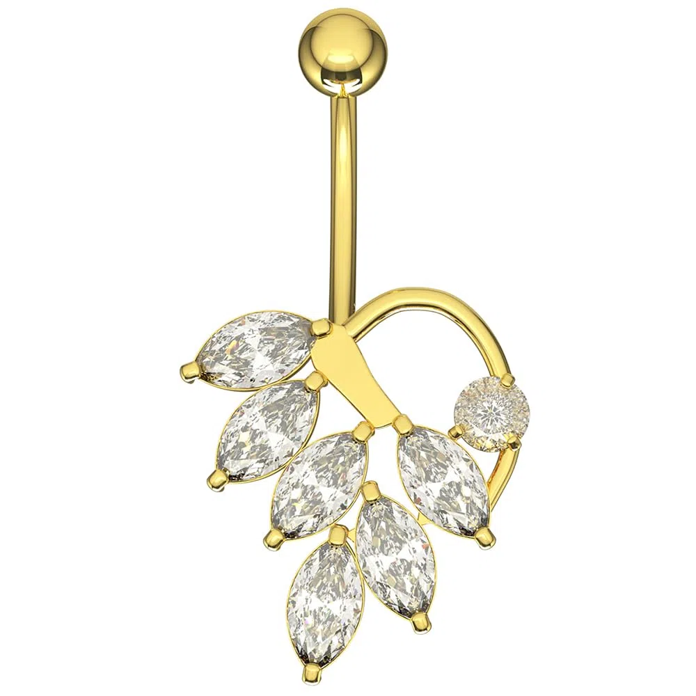 Piercing para ombligo de oro amarillo macizo de 14 quilates con circonita cúbica y diseño de hoja de piedra - Joyería de ombligo de 14 quilates - Piercing para el ombligo de calibre 14,