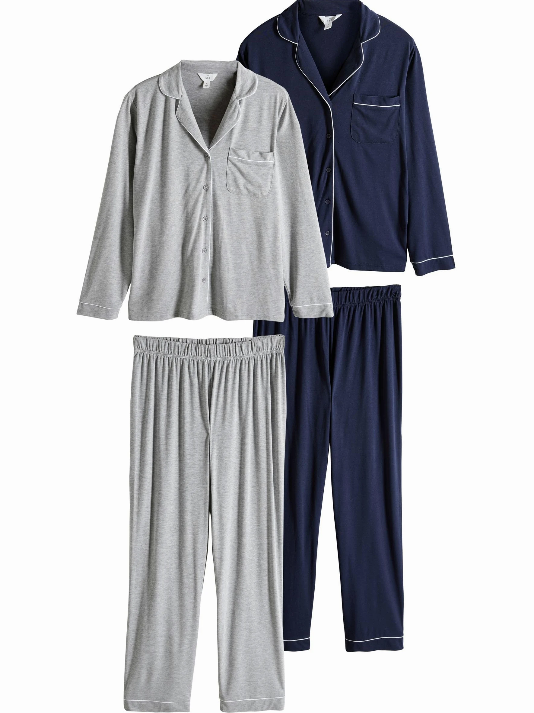 THE SET Mujeres Pack de 2 Pijamas abotonados de pantalón y Manga Larga de Mezcla de Viscosa con Ribetes