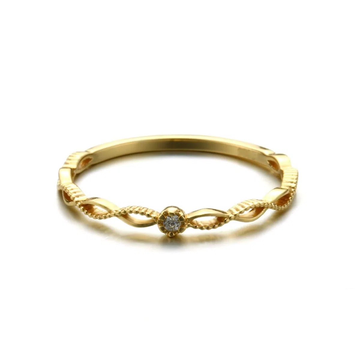 Anillo apilable de oro amarillo de 9 quilates, 14 quilates y 18 quilates, fino para mujer, anillo de diamante infinito clásico y delicado de oro real