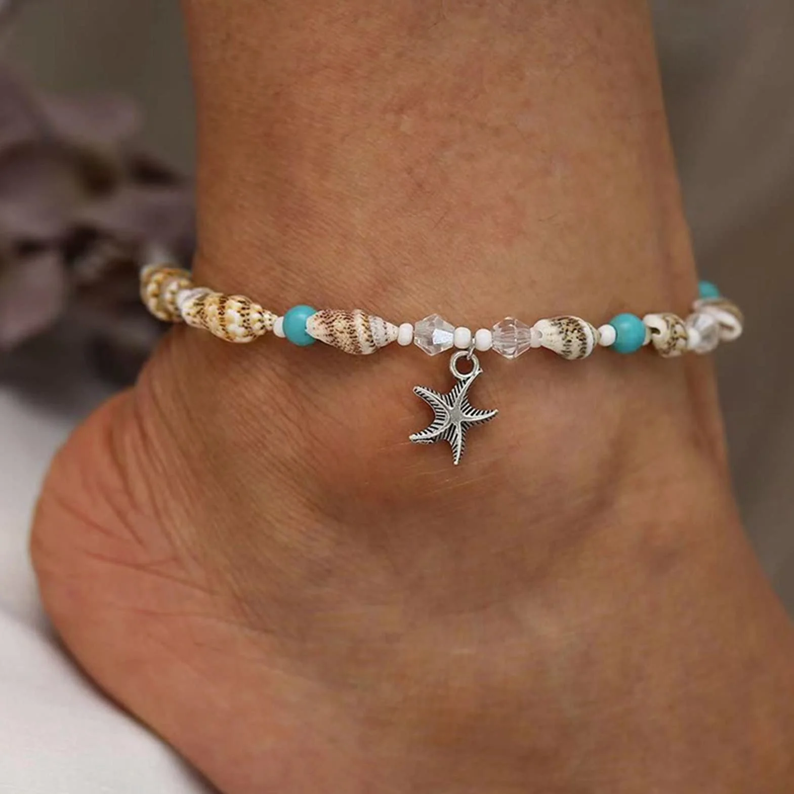 LNNSHX Tobilleras Joyería Concha Tobillera Cuentas De Arroz Perla Cristal Océano Estrella De Mar Tobillera Señora Joyería Tobilleras Ajustables Pulseras