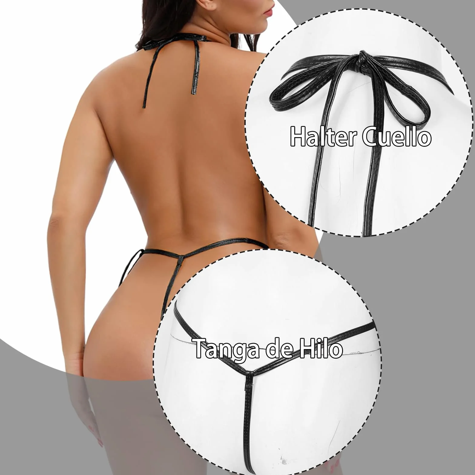 Body Lencería Monokini Sexy de Cuero Sintético para Mujer Una Pieza Traje de Baño Bikini Bodysuit Teddy Halter sin Espalda Mono Ropa Interior de Noche V Profundo Wetlook Bodis para Fiestas