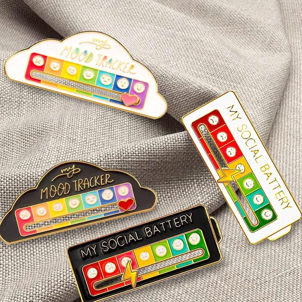 4 pines de estado de ánimo, insignias de batería social, pin esmaltado, divertido broche de batería social, divertido broche de estado de ánimo social para 7 días, lindo broche de expresión