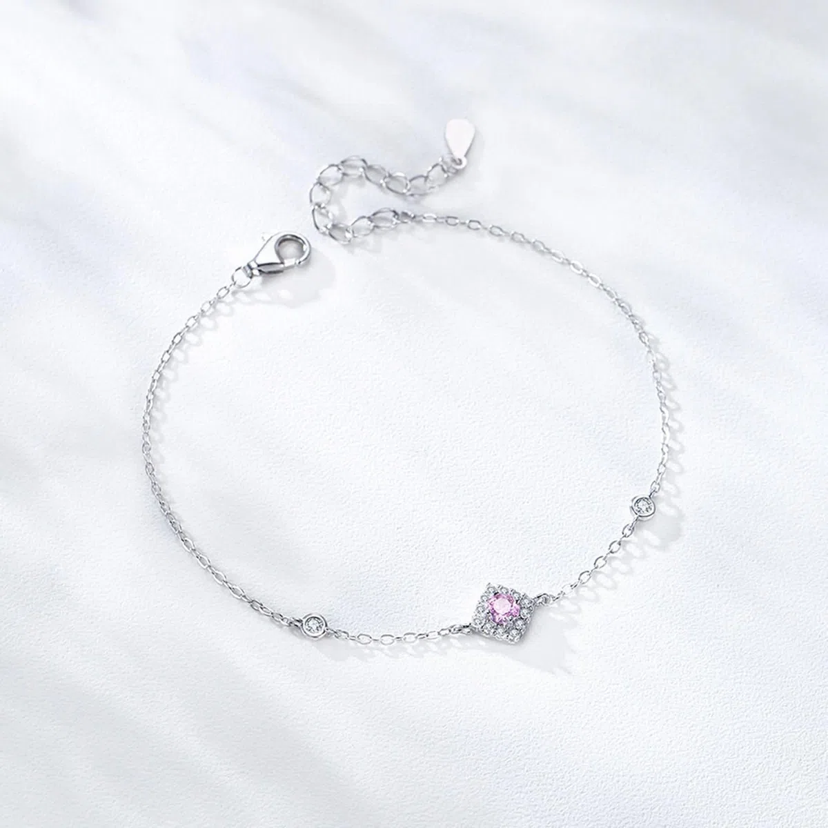 Pulsera Mujer de Oro Blanco de 9Kilates / 14Kilates / 18Kilates, Rombo y Redondo con Diamante Creado y Moissanita, Cadena Extensible 16 CM + 5 CM, Pulseras Ajustable Mujer Plata Rosa