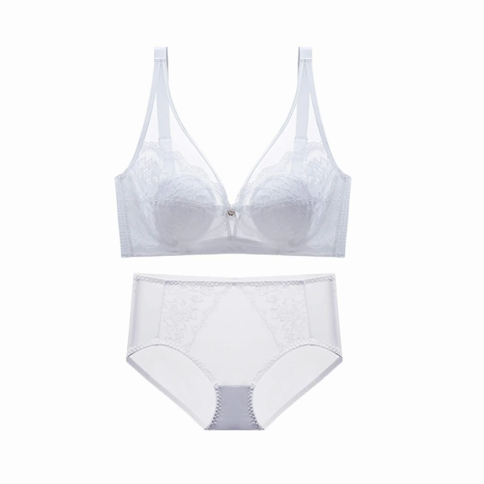 WENJUN - Conjunto de 2 piezas para mujer, sujetador sexy de encaje floral push up con aros y bragas transparentes transparentes (color blanco, tamaño: 80 A)