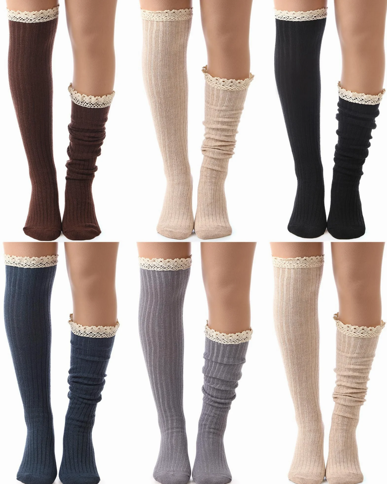 Syhood Paquete de 6 calcetines de punto de algodón para mujer, calcetines altos hasta la rodilla con ribete de encaje, calcetines de encaje, calcetines altos para botas por encima de la rodilla,
